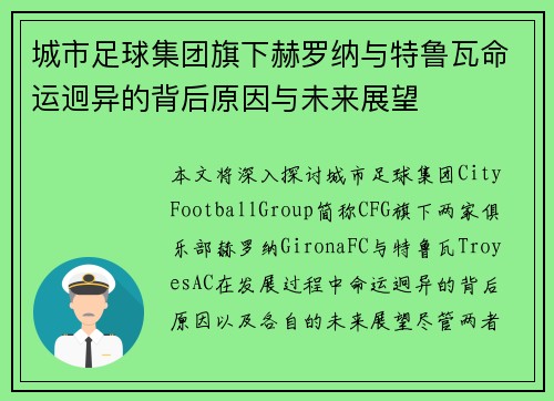 城市足球集团旗下赫罗纳与特鲁瓦命运迥异的背后原因与未来展望 城市足球集团旗下赫罗纳与特鲁瓦命运迥异的背后原因与未来展望