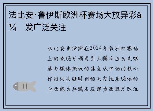 法比安·鲁伊斯欧洲杯赛场大放异彩引发广泛关注