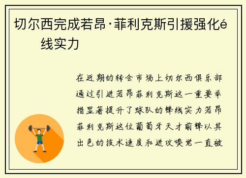 切尔西完成若昂·菲利克斯引援强化锋线实力